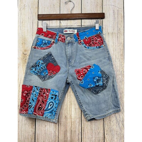 Upcycled Patchwork Denim Shorts Jorts OOAK Levis 502 Youth Sz 14 28W Boho Hippie - Picture 2 of 9
